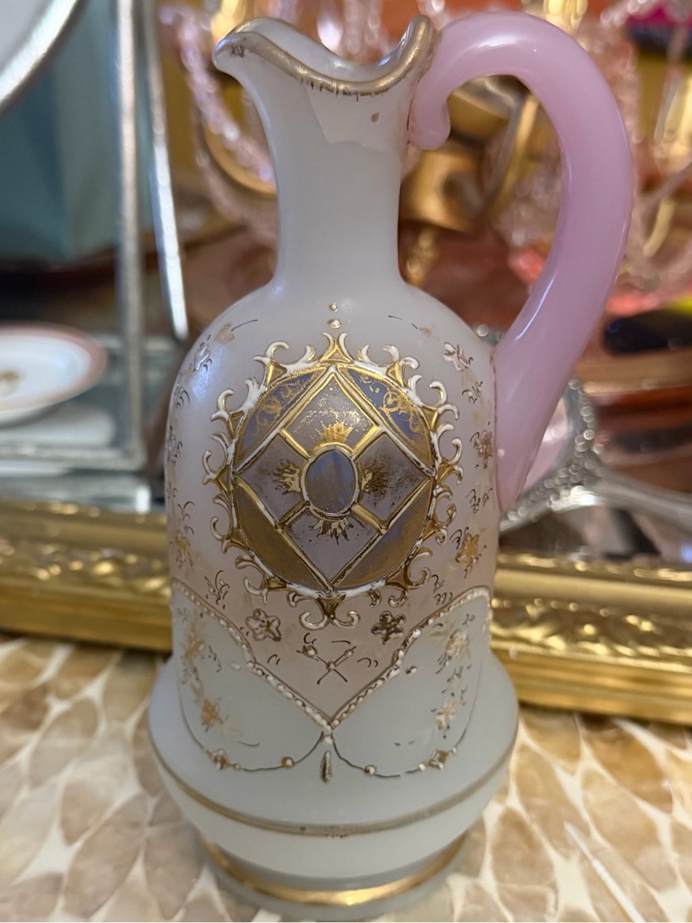 Antique Victorian Bristol 19th c. Pink Satin Glass Hand-Painted Ewer, 7”H